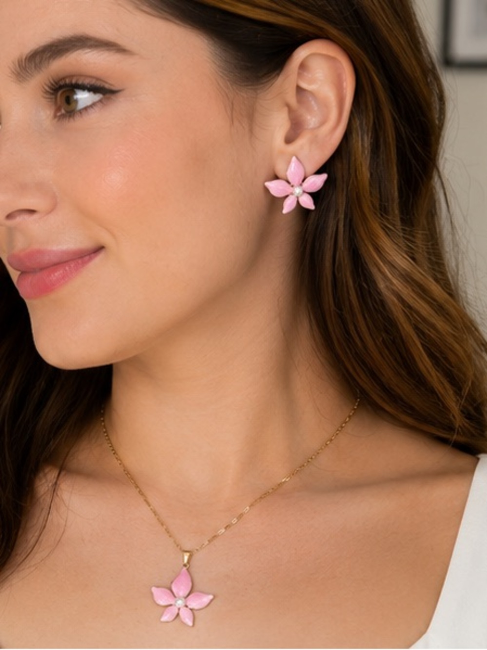 Pink Flower Jewelry Set – Stainless Steel